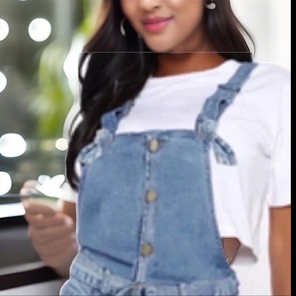 90’s Style Trend Stone Wash Style Button High Waist Overalls Demin Jumper Shorts - Picture 4 of 16